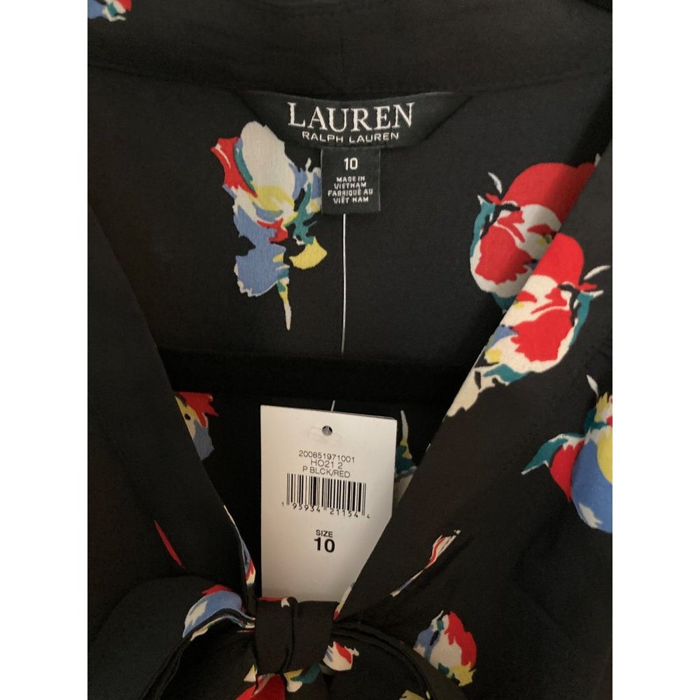 NWT LAUREN RALPH LAUREN FLORAL CREPE TIE-NECK DRESS POLO BLACK /RED Varies - Picture 4 of 9